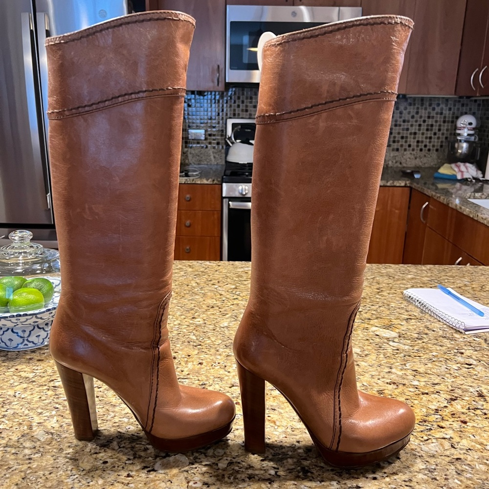 Prada Cognac Leather Knee High Boots